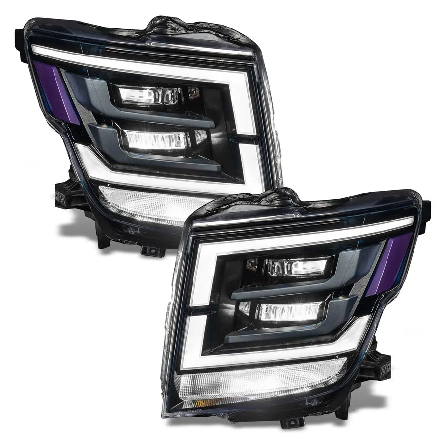 2021-2024 Nissan Titan headlights with white demon eye projectors.