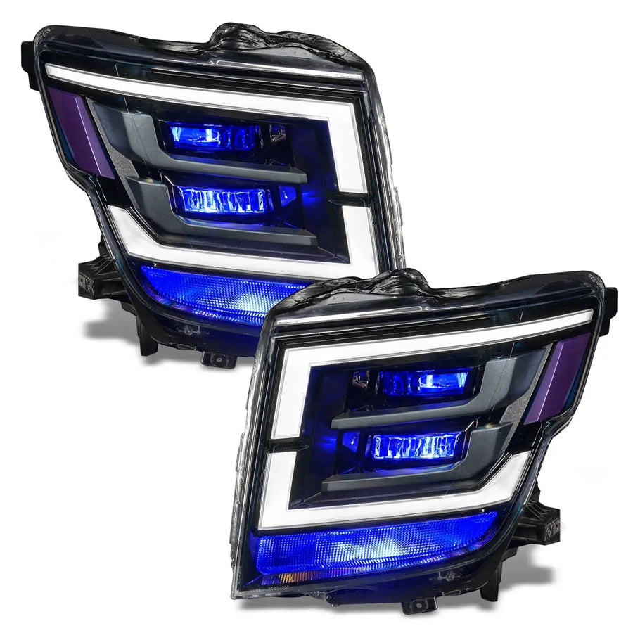 2021-2024 Nissan Titan headlights with blue demon eye projectors.