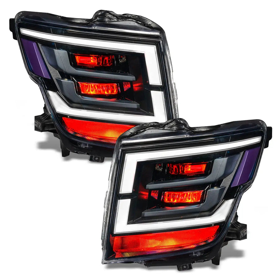 2021-2024 Nissan Titan headlights with red demon eye projectors.