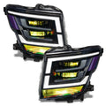 2021-2024 Nissan Titan headlights with yellow demon eye projectors.