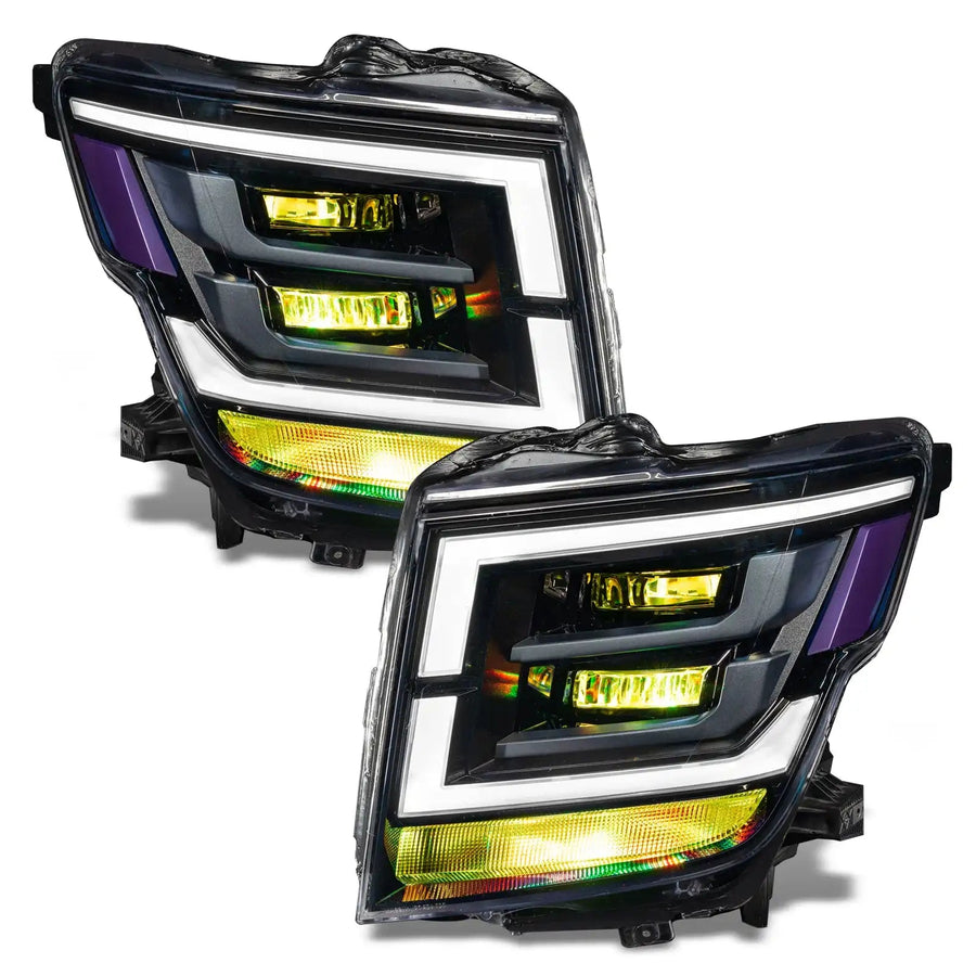 2021-2024 Nissan Titan headlights with yellow demon eye projectors.