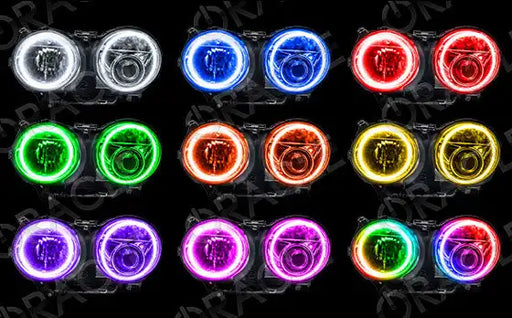 Grid view of Jaguar XJ headlights showing different color LED halo rings.