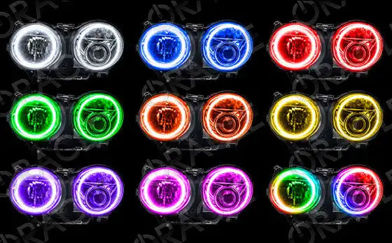Grid view of Jaguar XJ headlights showing different color LED halo rings.