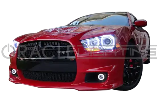Front end of a Dodge Charger with white LED headlight and fog light halo rings installed.