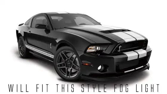 Three quarters view of a Ford Mustang with white LED fog light halo rings.