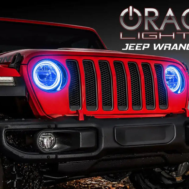 Red Jeep Wrangler JL with blue Surface Mount Halos installed.