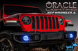 Front end of a red Jeep with blue LED Surface Mount Fog Light Halos.