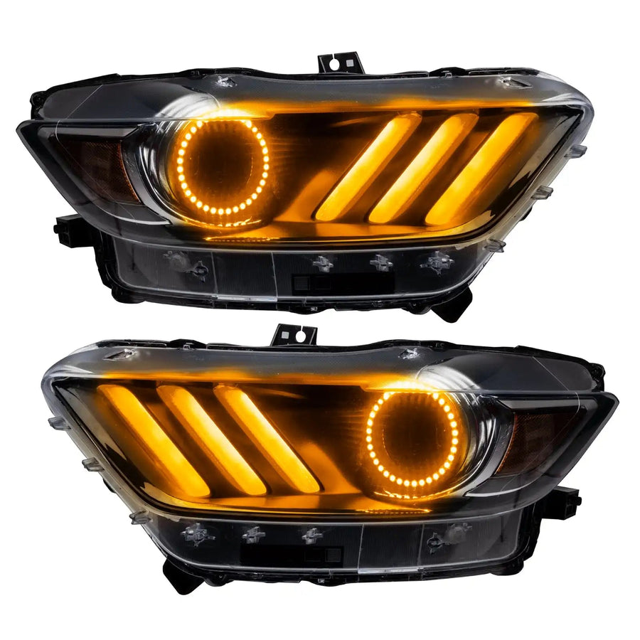 Ford Mustang headlights with amber halos and DRLs.