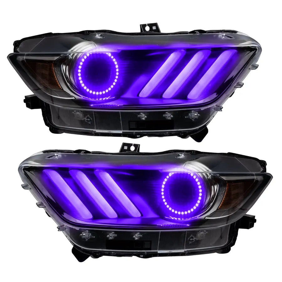 Ford Mustang headlights with purple halos and DRLs.