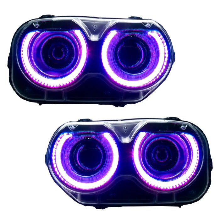 Dodge Challenger headlights with purple LED halo rings.