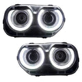 Dodge Challenger headlights with white LED halo rings.
