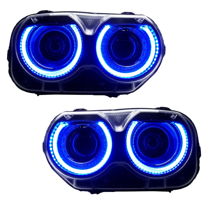 Dodge Challenger headlights with blue LED halo rings.