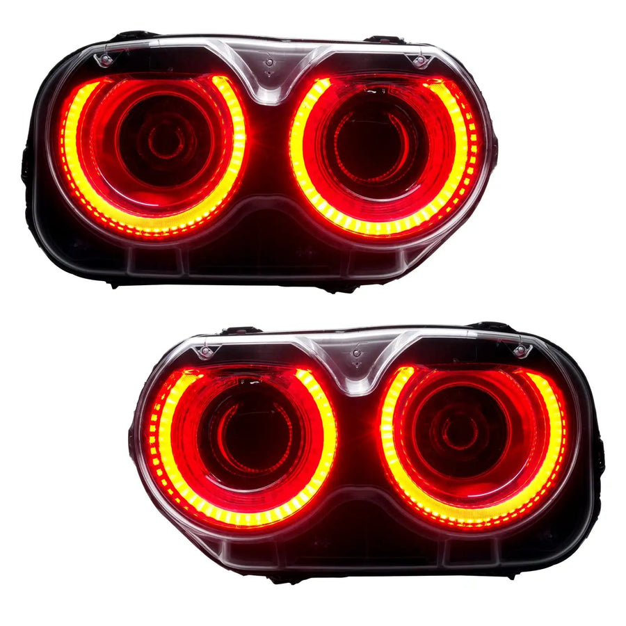 Dodge Challenger headlights with red LED halo rings.