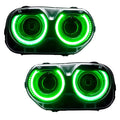 Dodge Challenger headlights with green LED halo rings.