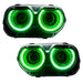 Dodge Challenger headlights with green LED halo rings.