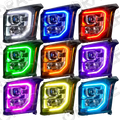 Grid view of GMC Yukon headlights showing different LED halo colors.