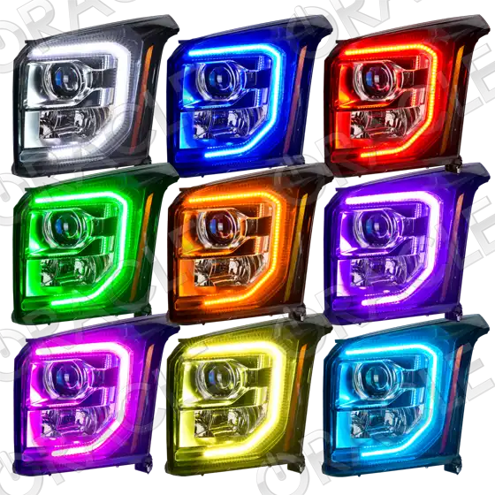 Grid view of GMC Yukon headlights showing different LED halo colors.