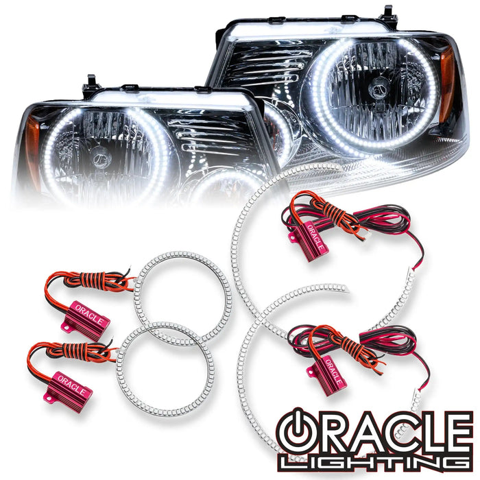 Maxcomotors Projector Headlights For 2004-2008 Ford F-150 - LED Dual Halo, Chrome Housing, Clear Lens (Pair, L+R)