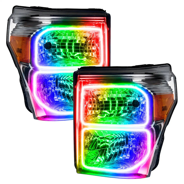 Ford Super Duty Headlights with rainbow LED halos.