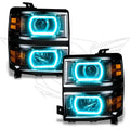 Chevrolet Silverado headlights with cyan LED halo rings.