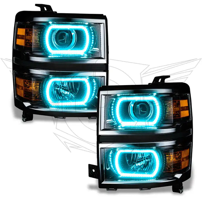Chevrolet Silverado headlights with cyan LED halo rings.