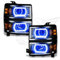 Chevrolet Silverado headlights with blue LED halo rings.