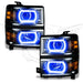 Chevrolet Silverado headlights with blue LED halo rings.