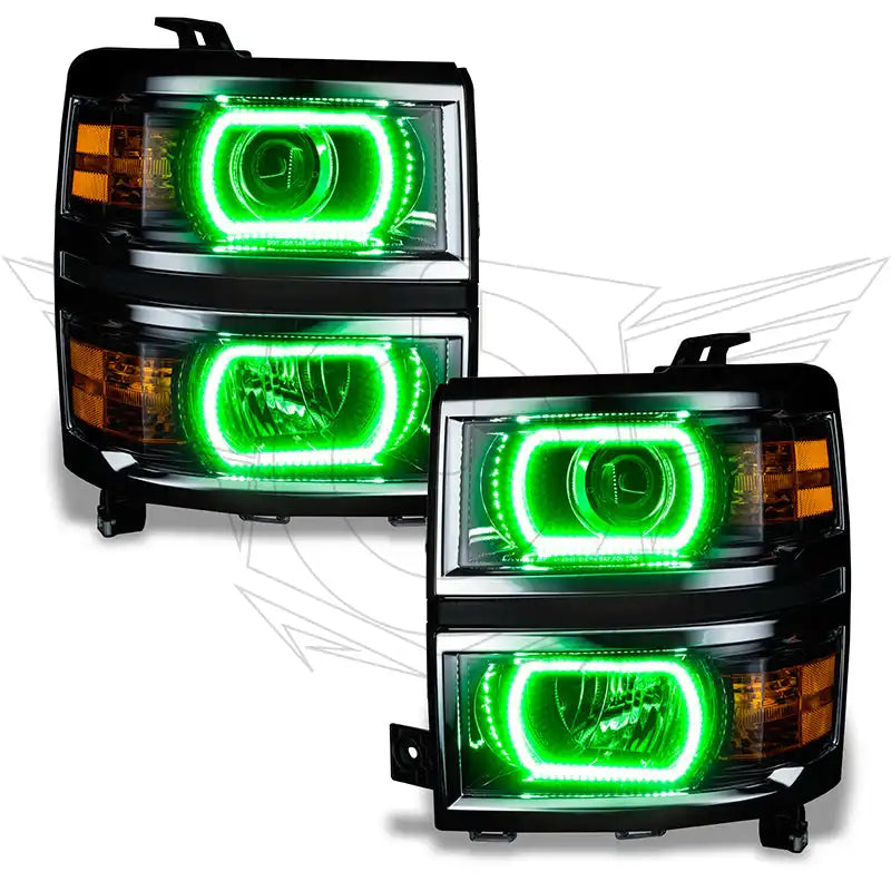 Chevrolet Silverado headlights with green LED halo rings.