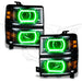 Chevrolet Silverado headlights with green LED halo rings.