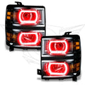 Chevrolet Silverado headlights with red LED halo rings.