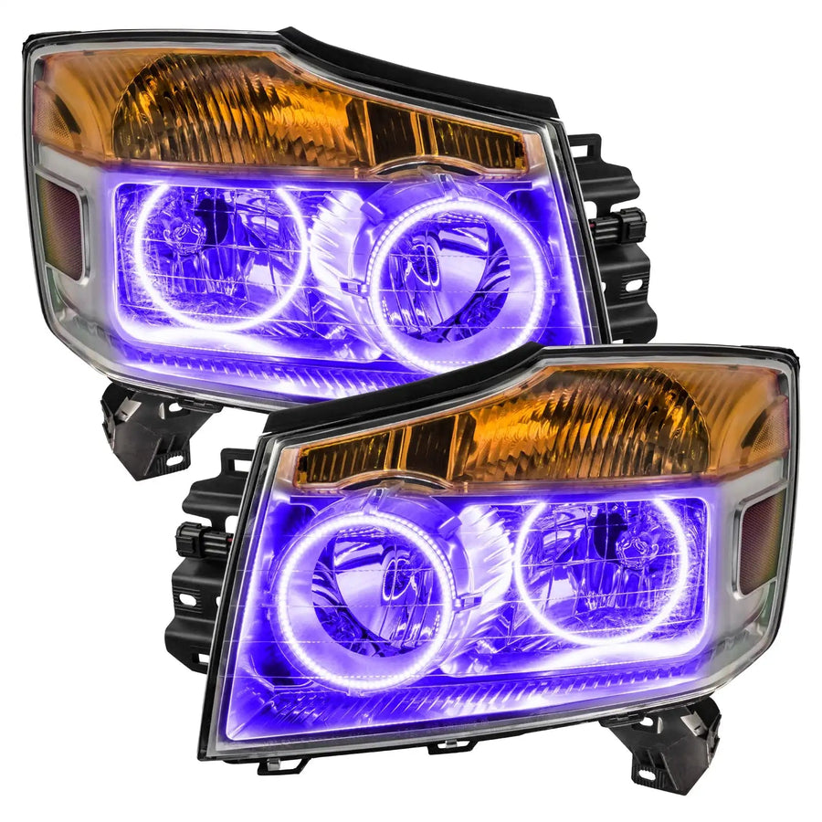 Nissan Titan headlights with purple LED halo rings.