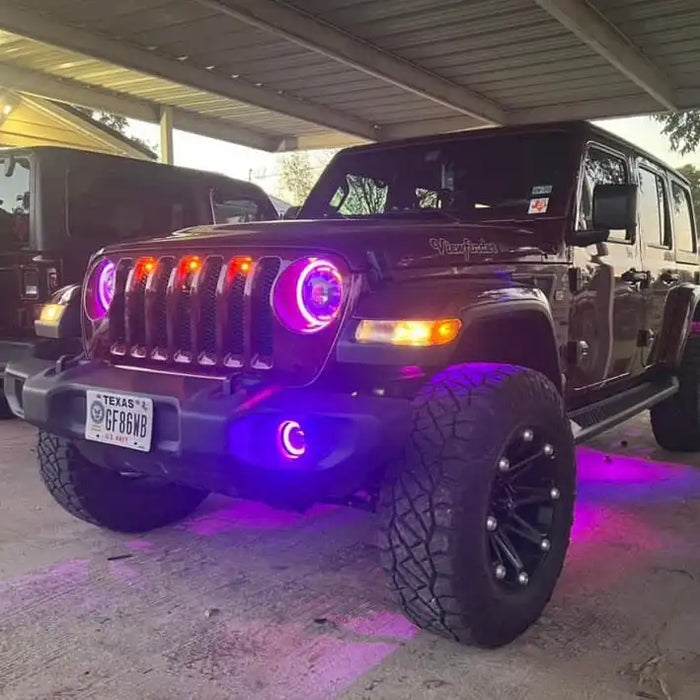 Front end of a Jeep Wrangler with multiple ORACLE Lighting products installed, including Pre-Runner Style LED Grill Light Kit.