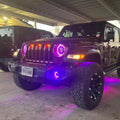 Three quarters view of a Jeep Wrangler JL, with ColorSHIFT Oculus Headlights installed.