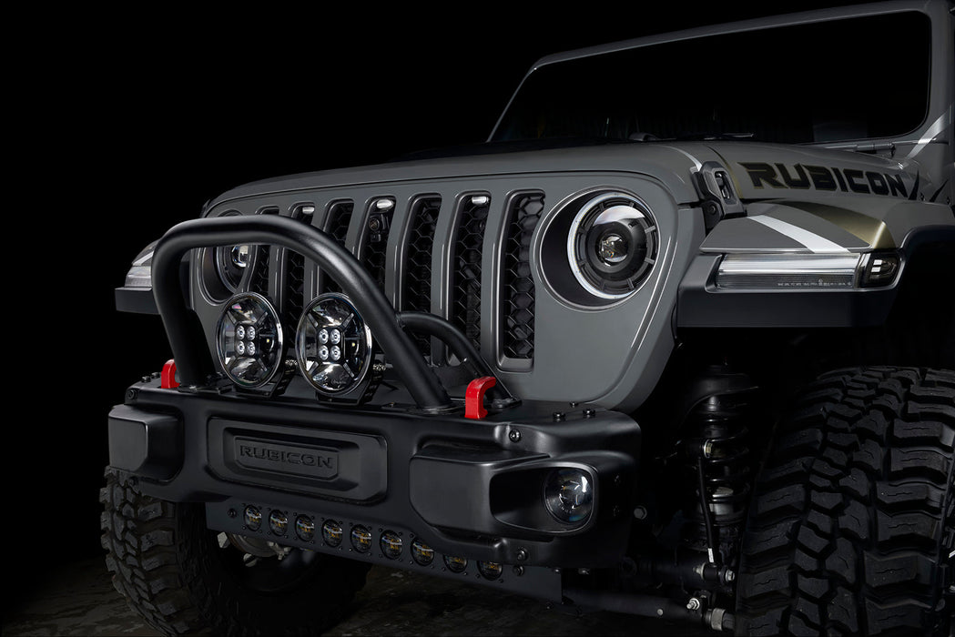 Front end of a Jeep equipped with 7" Multifunction LED Spotlights.