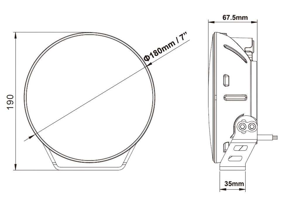 7" Multifunction LED Spotlight diagram with measurements