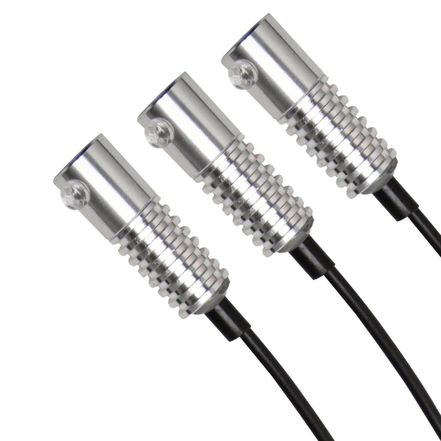 Close-up on three Fiber Optic LED Light Heads.