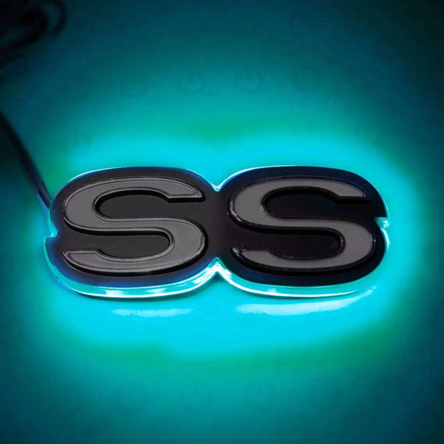 Illuminated SS Emblem with cyan LEDs.
