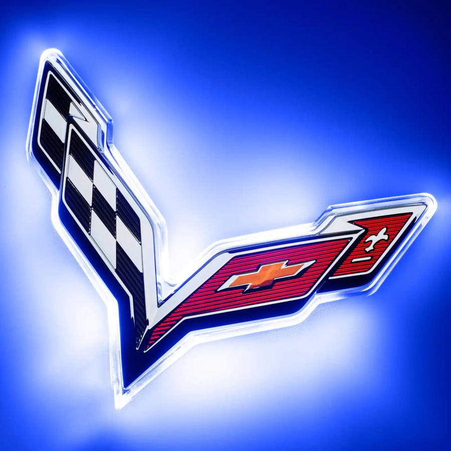 2014-2019 Chevrolet C7 Corvette Rear Illuminated Emblem with blue LEDs.