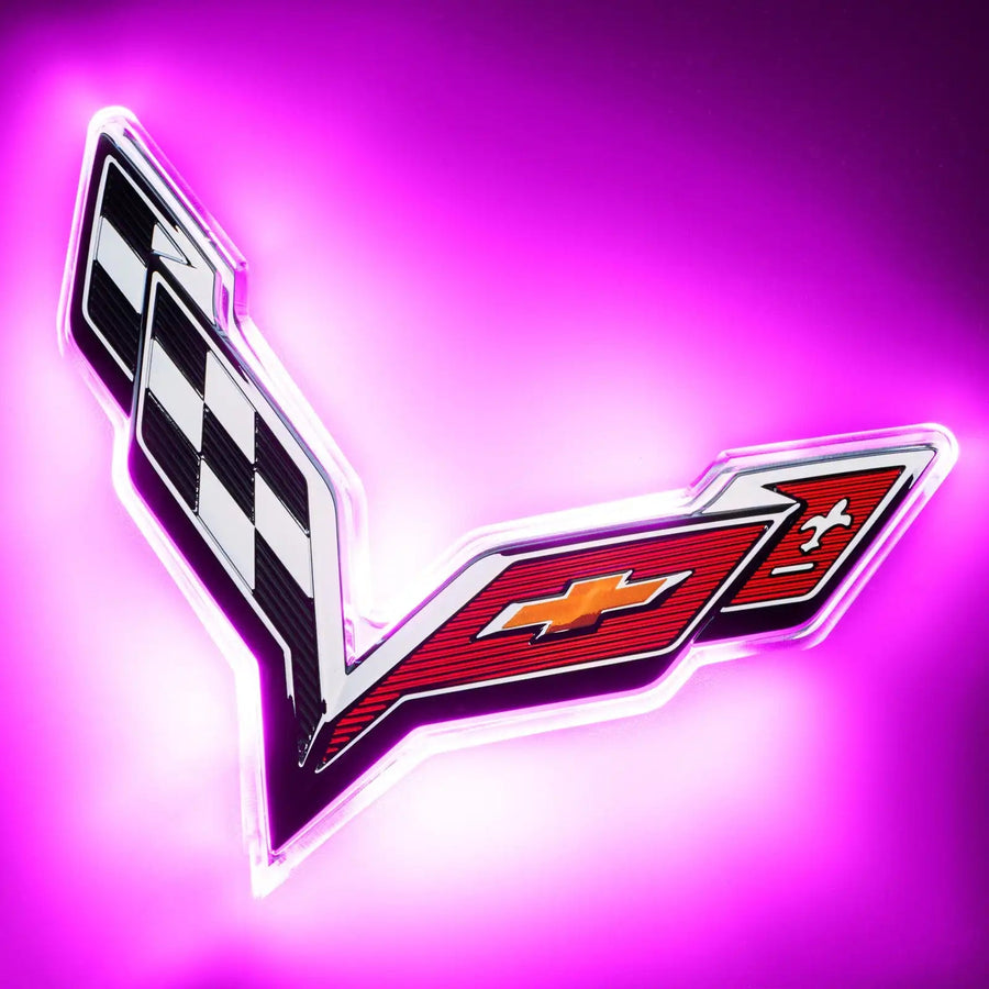 2014-2019 Chevrolet C7 Corvette Rear Illuminated Emblem with pink LEDs.