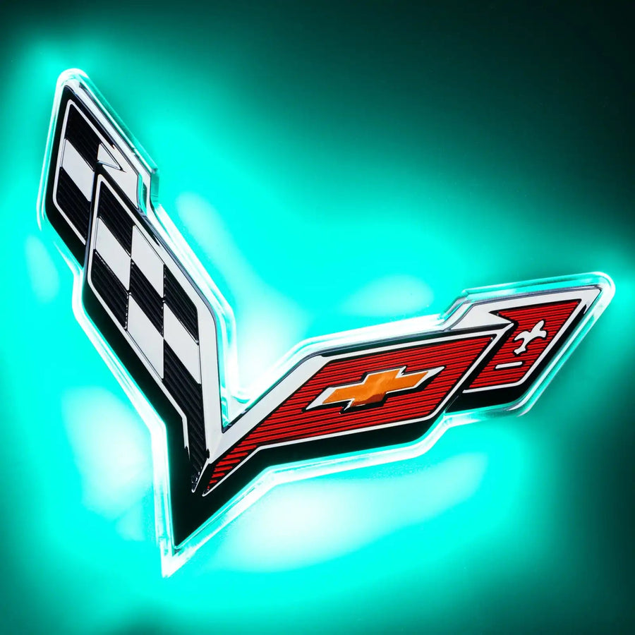 2014-2019 Chevrolet C7 Corvette Rear Illuminated Emblem with cyan LEDs.