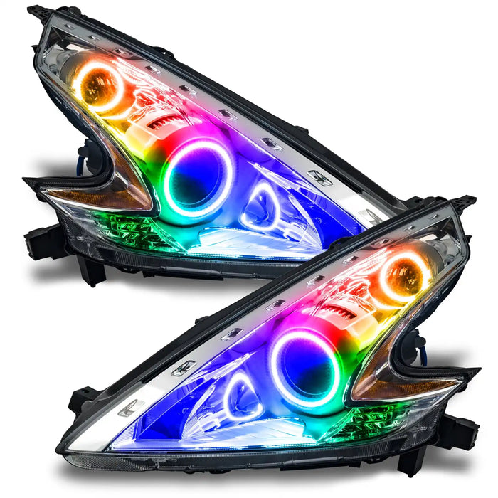 Nissan 370Z headlights with ColorSHIFT LED halo rings.