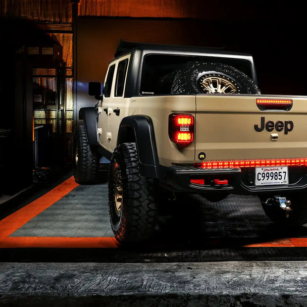 Rear view of Jeep Gladiator JT with 60" Double Row LED Truck Tailgate Light Bar installed.