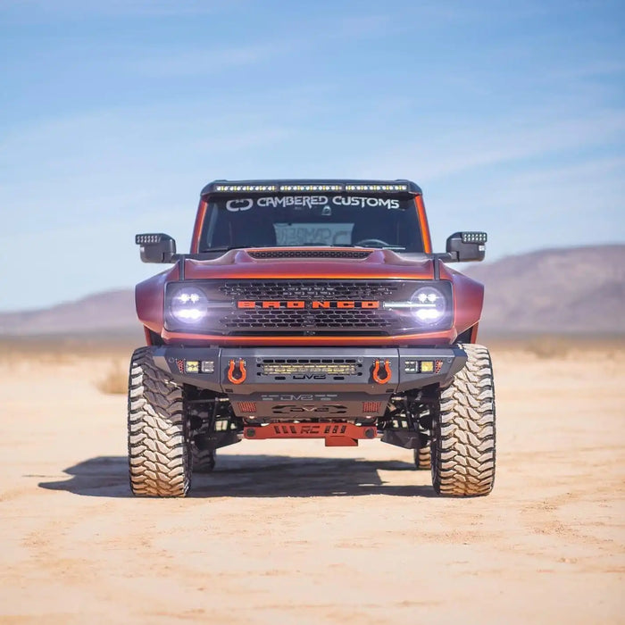 Front view of Cambered Customs Ford Bronco with LED Off-Road Side Mirrors.