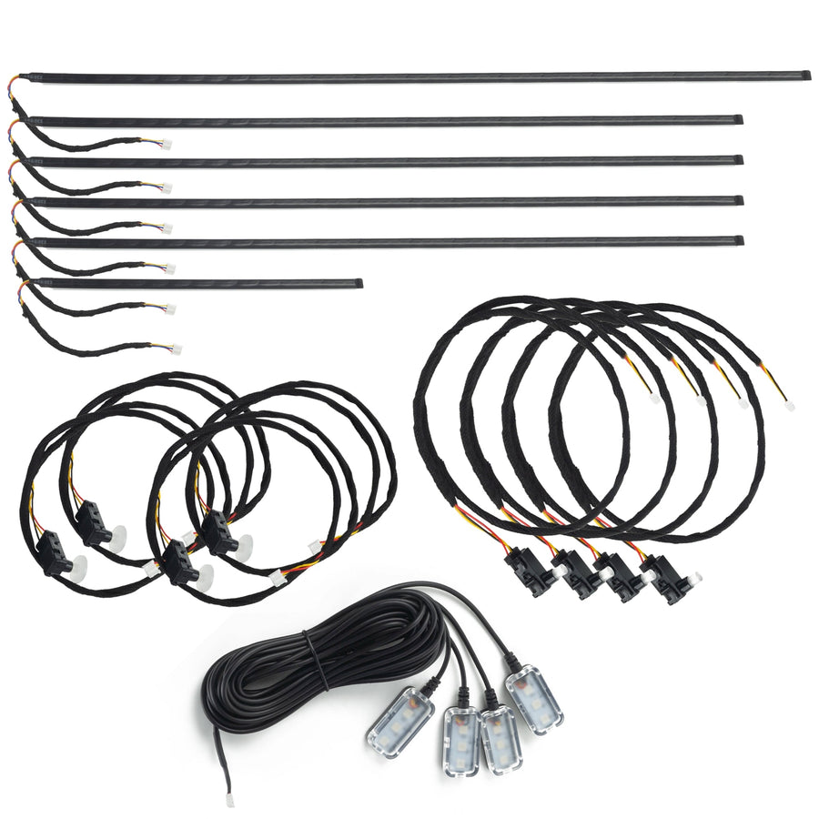 Dynamic ColorSHIFT 18-Piece Universal LED Interior Kit - Bluetooth Multi-Zone Lighting components including LED strips and connectors.