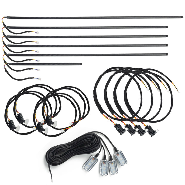 Dynamic ColorSHIFT 18-Piece Universal LED Interior Kit - Bluetooth Multi-Zone Lighting components including LED strips and connectors.