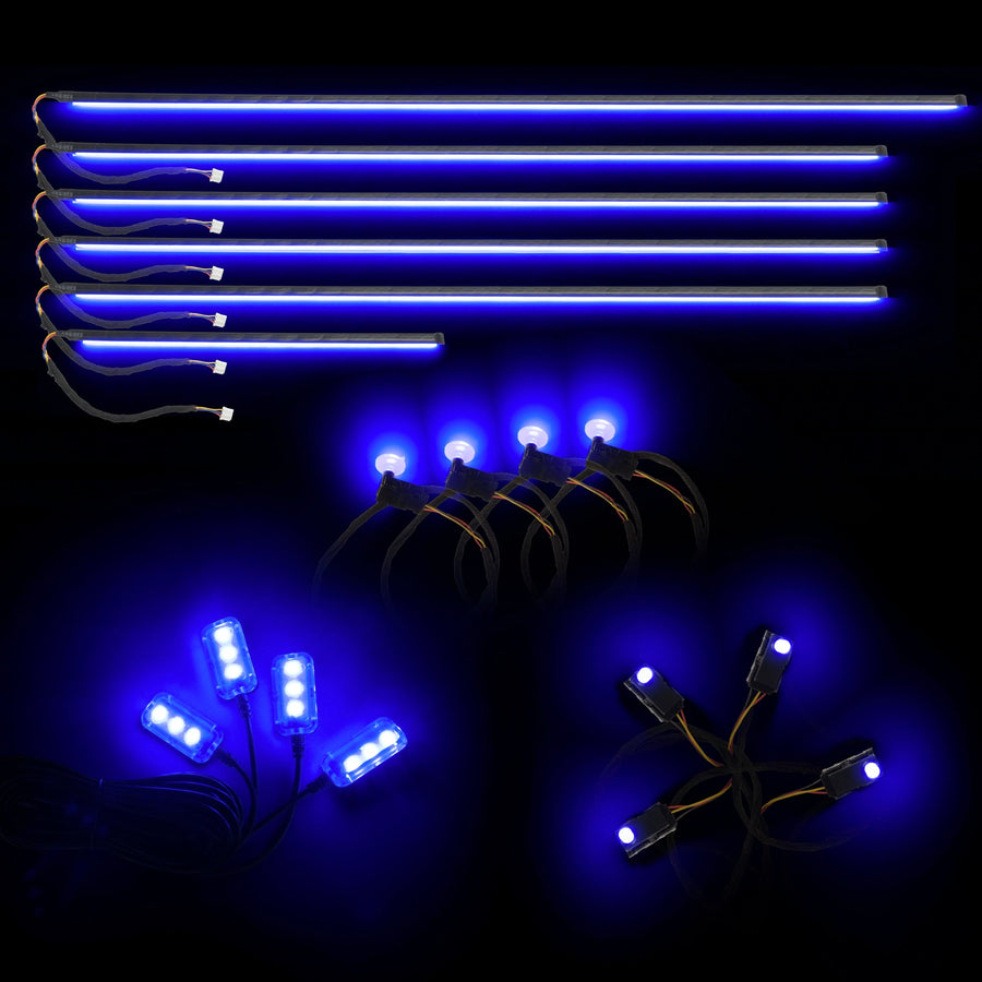 Dynamic ColorSHIFT 18-Piece Universal LED Interior Kit - Bluetooth Multi-Zone Lighting with blue LED light bars and pods.