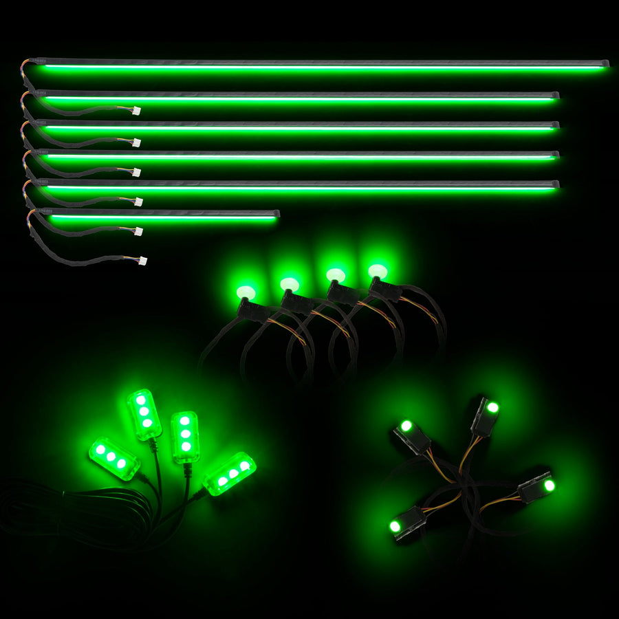 Dynamic ColorSHIFT 18-Piece Universal LED Interior Kit - Bluetooth Multi-Zone Lighting with green light strips and connectors.