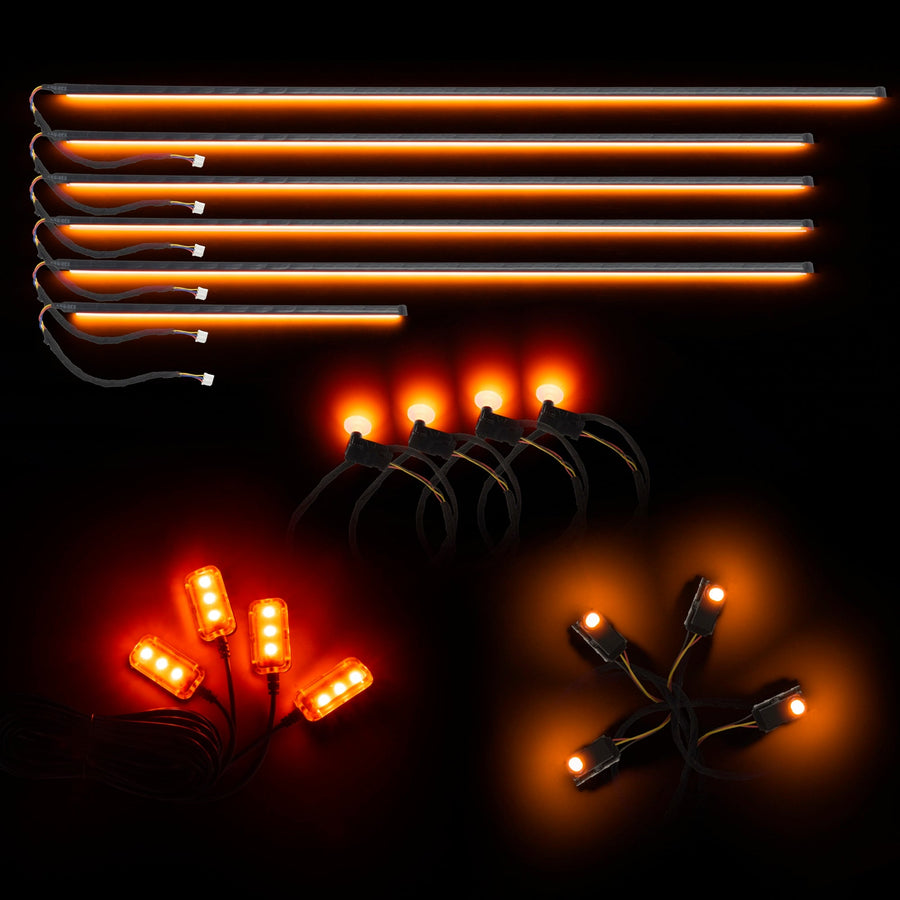 Dynamic ColorSHIFT 18-Piece Universal LED Interior Kit - Bluetooth Multi-Zone Lighting with orange LED strips and lights.