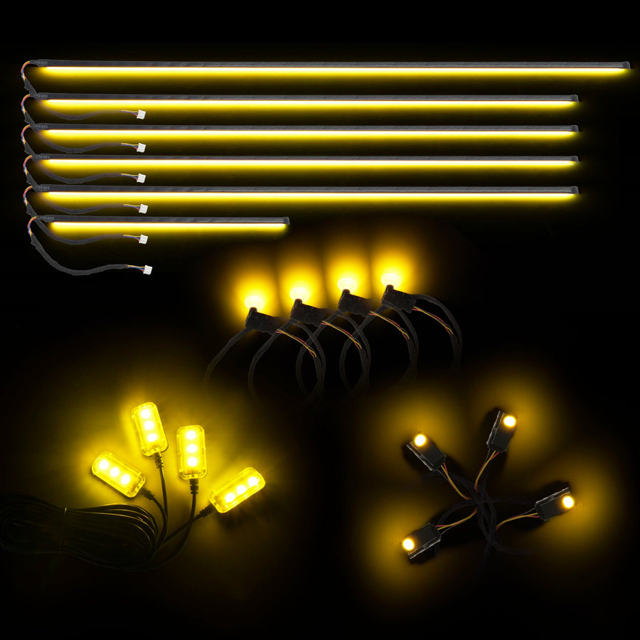 Dynamic ColorSHIFT 18-Piece Universal LED Interior Kit - Bluetooth Multi-Zone Lighting with yellow LED lights and strips.