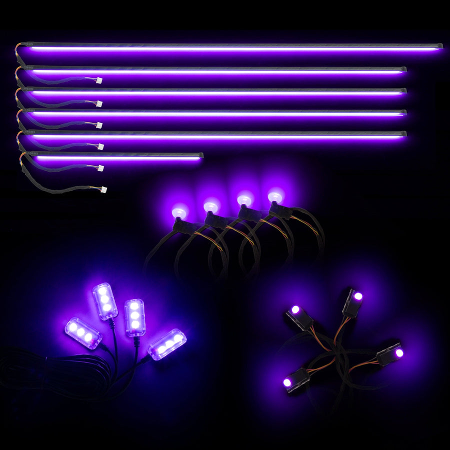 Dynamic ColorSHIFT 18-Piece Universal LED Interior Kit - Bluetooth Multi-Zone Lighting components including purple light strips and pods.